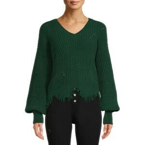 No Boundaries Juniors S 3-5 Destructed Green Oversized Sweater Shaggy Cropped